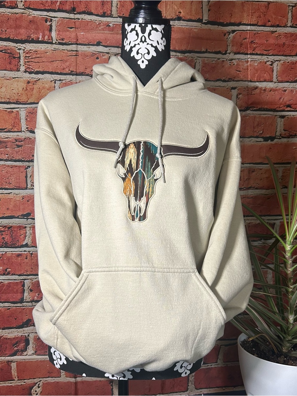 Neutral Cream Hoodie with Southwestern Bull Skull Graphic